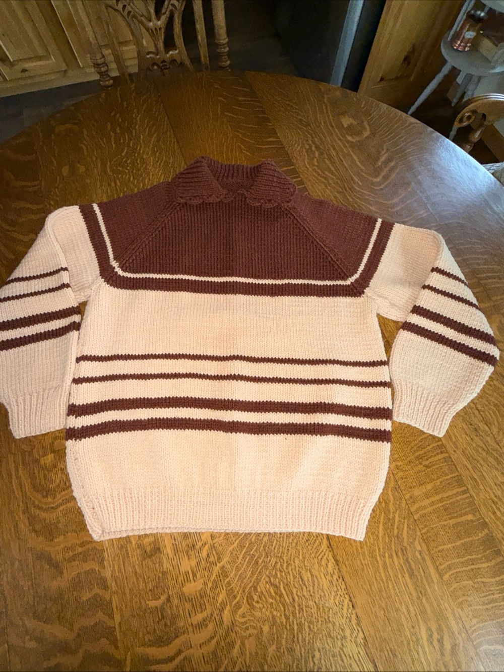Women’s Striped Collared Sweater - cream & Brown Hand Knit Artisan